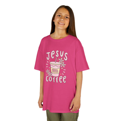 Kids Tee — “Jesus & Coffee” Cute Pastel Faith Graphic