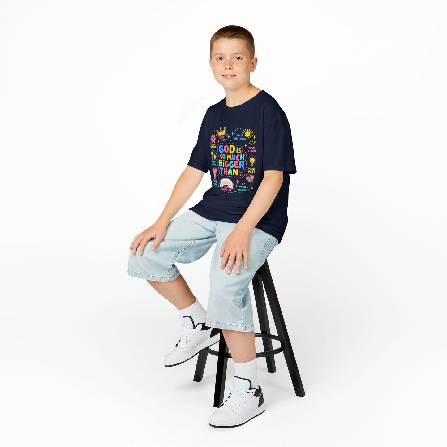 UNISEX Kids Tee — "God Is So Much Bigger Than" Colorful Faith Graphic