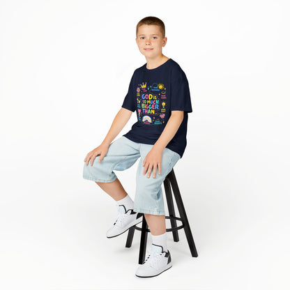 UNISEX Kids Tee — "God Is So Much Bigger Than" Colorful Faith Graphic