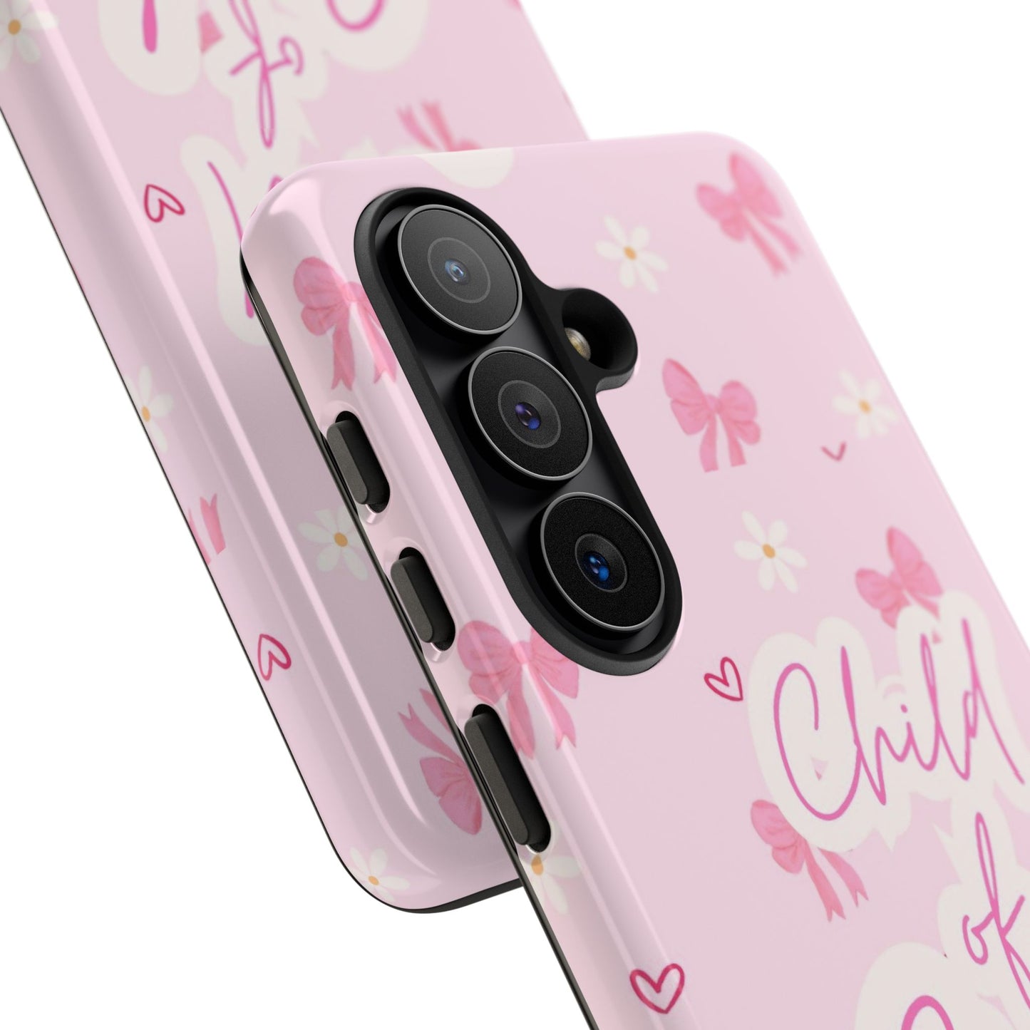 Child of God Pink Phone Case — Cute Christian iPhone Cover with Bows & Hearts