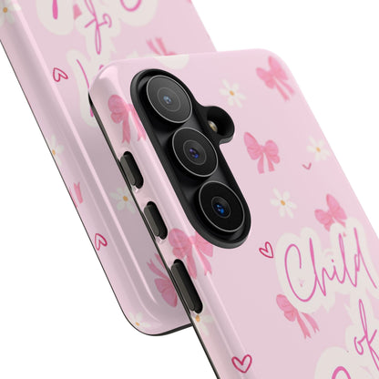Child of God Pink Phone Case — Cute Christian iPhone Cover with Bows & Hearts