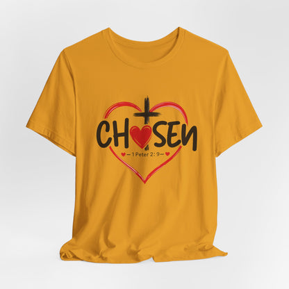 Chosen Heart Christian T-Shirt — "Chosen" with Cross & 1 Peter 2:9 Faith Tee