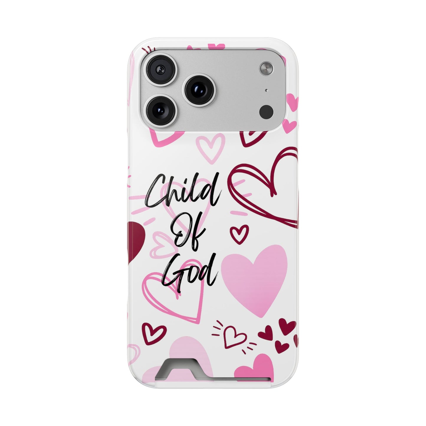 Phone Case — "Child of God" Card Holder Case, Pink Hearts Christian Phone Cover