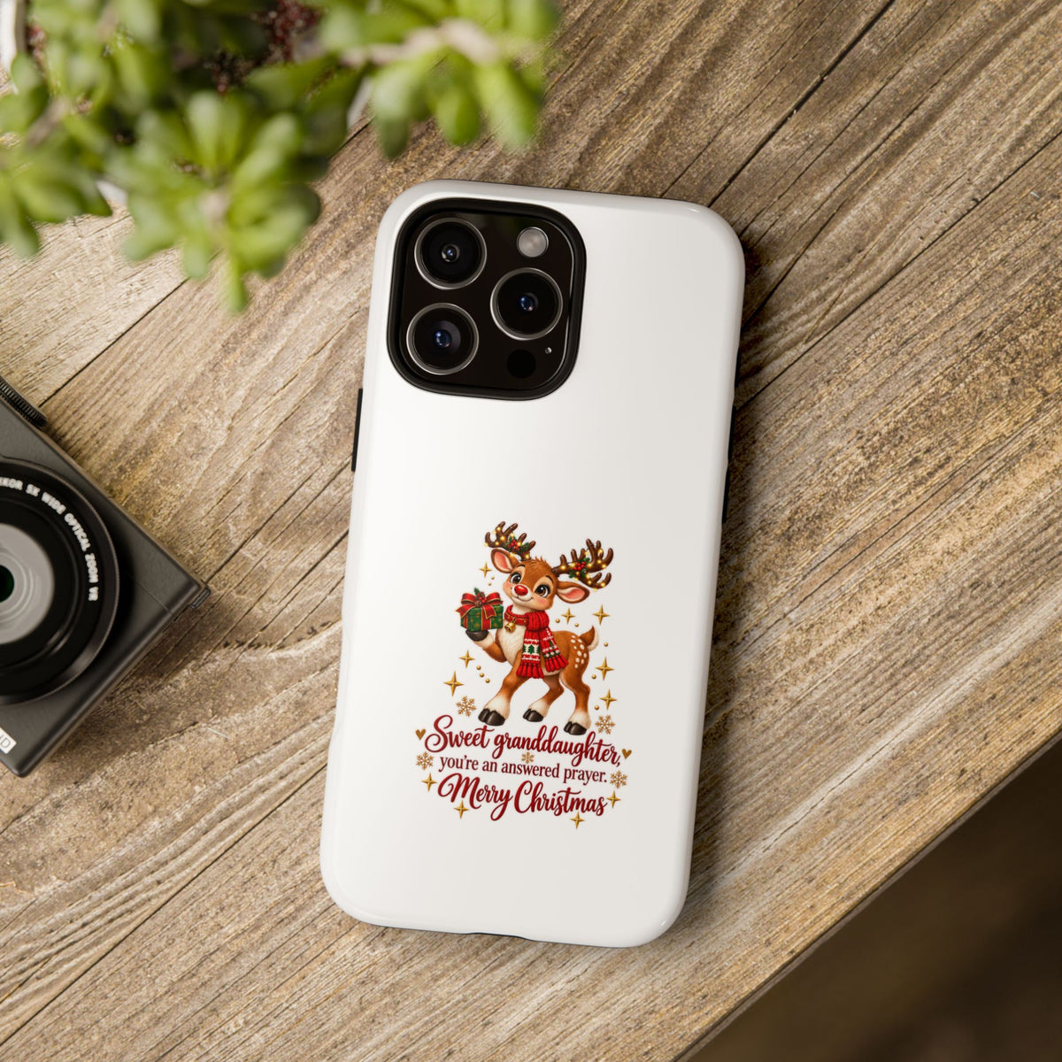 Christmas Reindeer Phone Case — “Sweet granddaughter you’re an answered prayer” Holiday Phone Cover