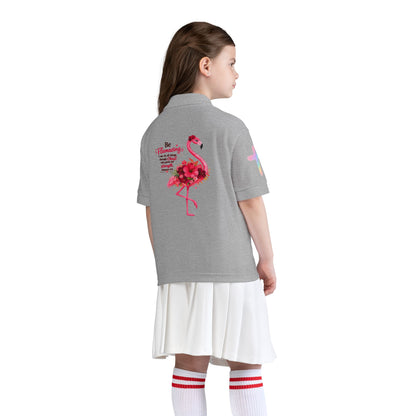 Youth Polo Shirt — Pink Floral Flamingo Kids' Polo (Hearts & Colorful Sleeves)