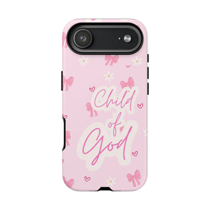 Child of God Pink Phone Case — Cute Christian iPhone Cover with Bows & Hearts
