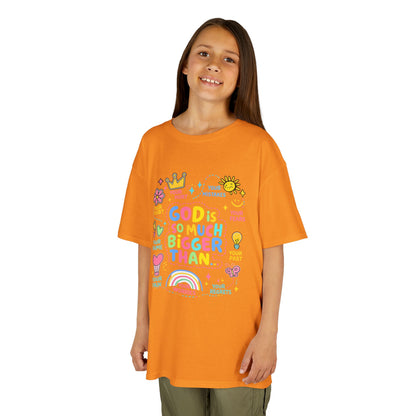 UNISEX Kids Tee — "God Is So Much Bigger Than" Colorful Faith Graphic