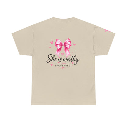 She Is Worthy T-Shirt — "I Know Jesus Loves Me" Pink Bow Christian Tee (Proverbs 31)