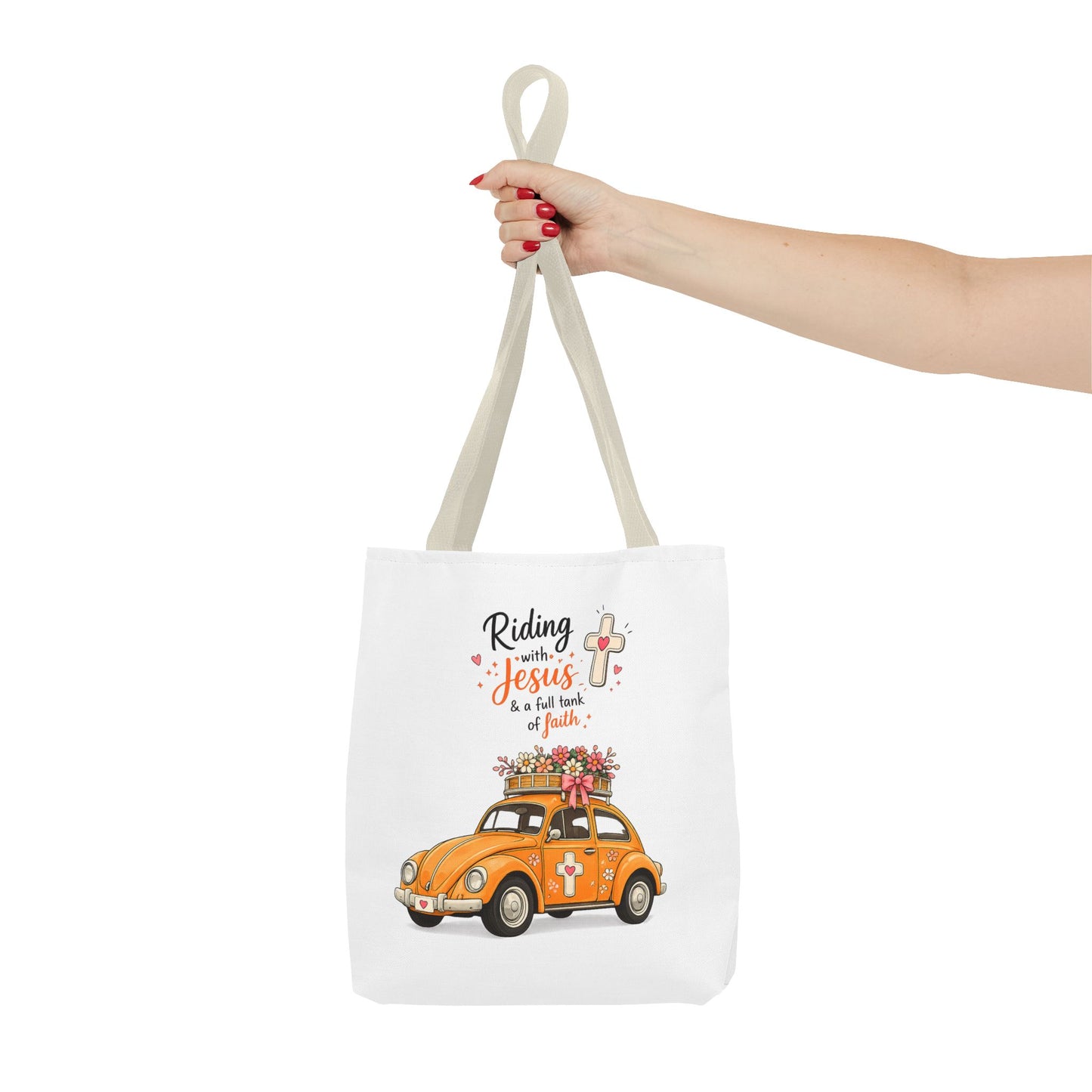 Christian Tote Bag — “Riding with Jesus” Floral Beetle Illustration