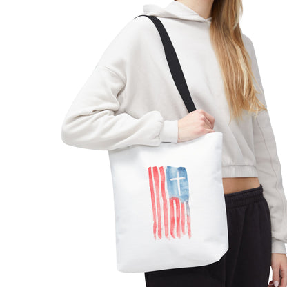 Patriotic Faith Tote Bag — Watercolor Flag with Cross & "Blessed By the Lord" Scripture