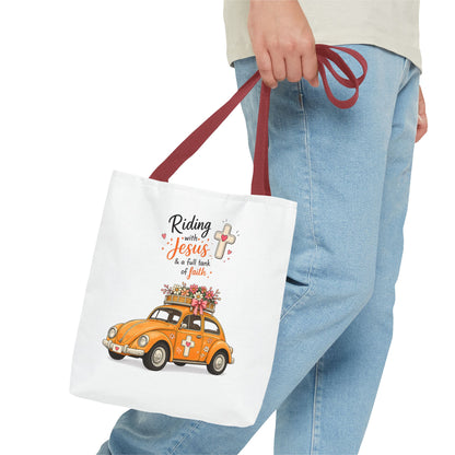 Christian Tote Bag — “Riding with Jesus” Floral Beetle Illustration