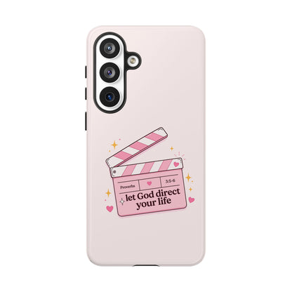 Pink Christian Phone Case — "Let God Direct Your Life" Cute Movie Clapper Design