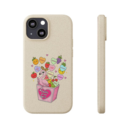 Biodegradable Phone Case — Cute Flamingo & Fruit Hearts "Fruity Love" Eco-Friendly iPhone Cover
