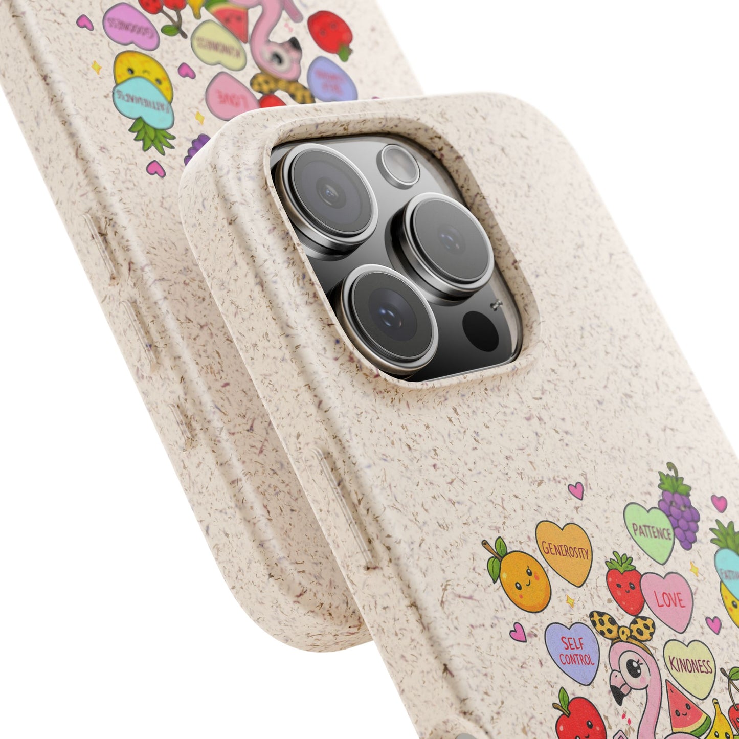 Biodegradable Phone Case — Cute Flamingo & Fruit Hearts "Fruity Love" Eco-Friendly iPhone Cover