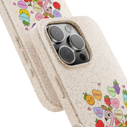 Biodegradable Phone Case — Cute Flamingo & Fruit Hearts "Fruity Love" Eco-Friendly iPhone Cover