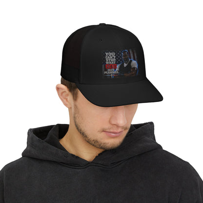 Men's Trucker Cap – "You Can't Stop What God Got Planned" Inspirational Patch Snapback