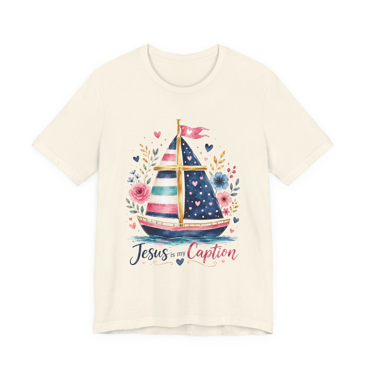 Jesus Is My Caption Sailboat T-Shirt — Floral Patriotic Christian Tee
