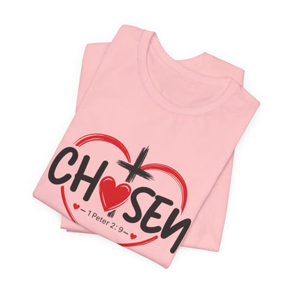 Chosen Heart Christian T-Shirt — "Chosen" with Cross & 1 Peter 2:9 Faith Tee