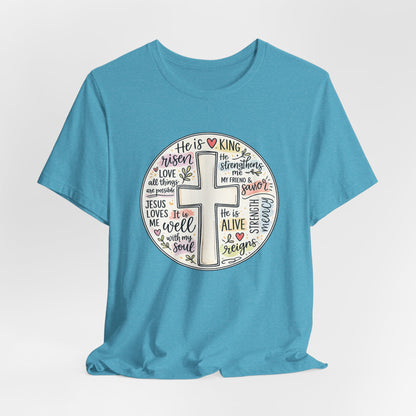 Christian Cross Faith T-Shirt — He Is Risen Inspirational Graphic Tee
