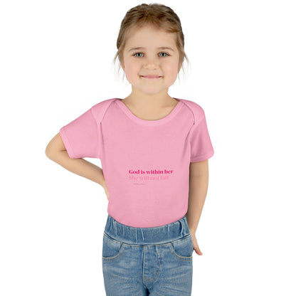 Infant Bodysuit – "God Is Within Her She Will Not Fall" Pink Cross Christian Baby Onesie