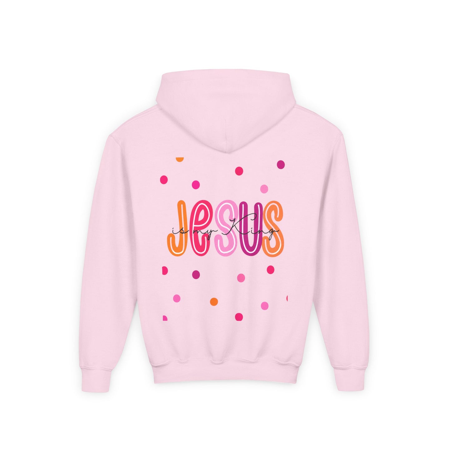 Youth Hoodie — “Jesus” Colorful Polka Dot Christian Pullover