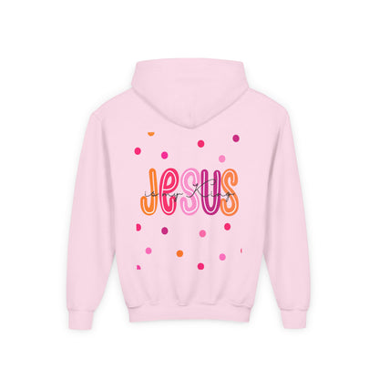 Youth Hoodie — “Jesus” Colorful Polka Dot Christian Pullover