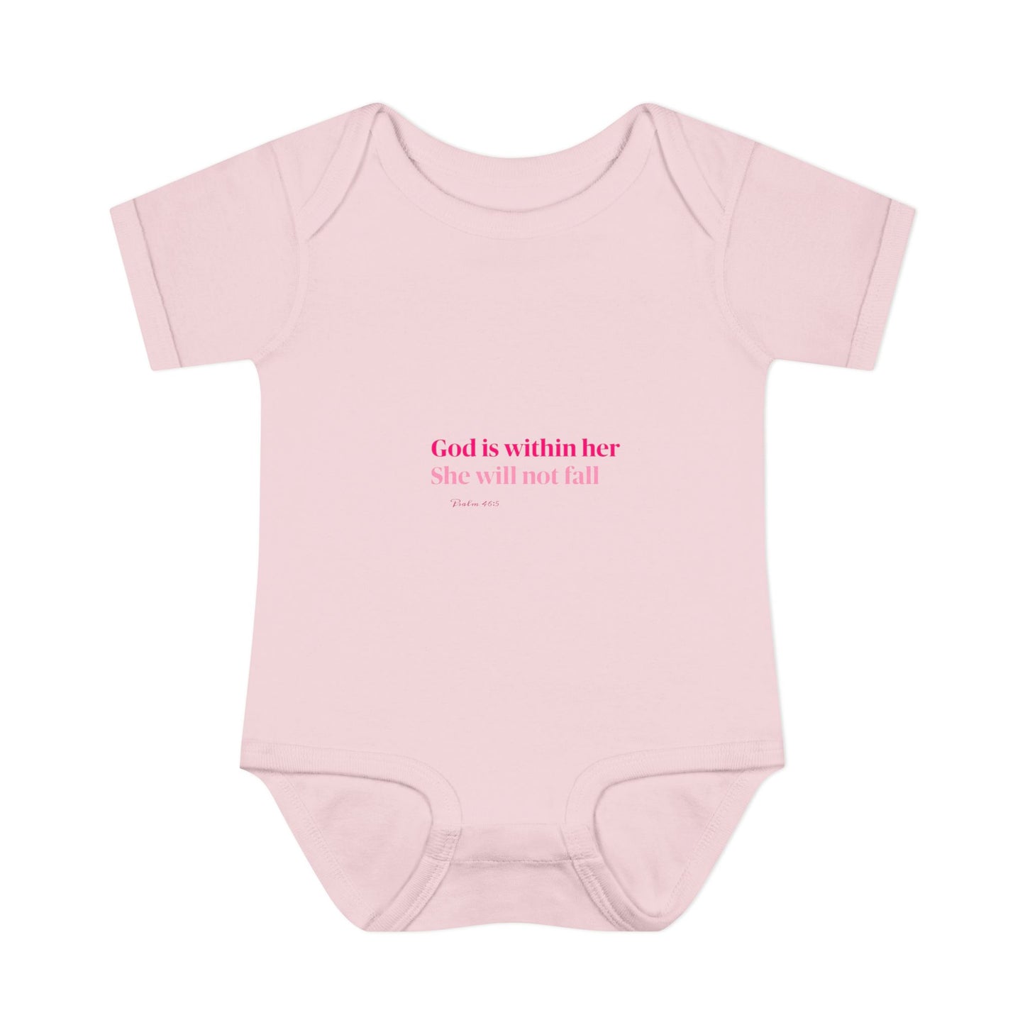 Infant Bodysuit – "God Is Within Her She Will Not Fall" Pink Cross Christian Baby Onesie