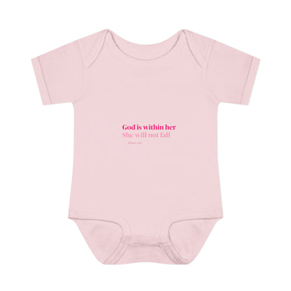 Infant Bodysuit – "God Is Within Her She Will Not Fall" Pink Cross Christian Baby Onesie