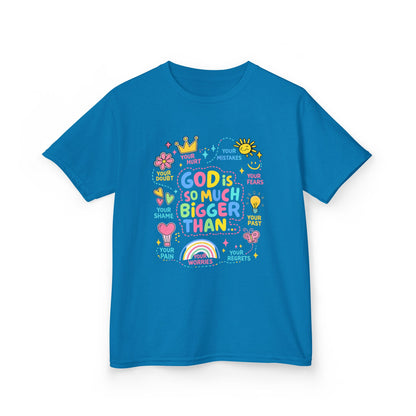 UNISEX Kids Tee — "God Is So Much Bigger Than" Colorful Faith Graphic