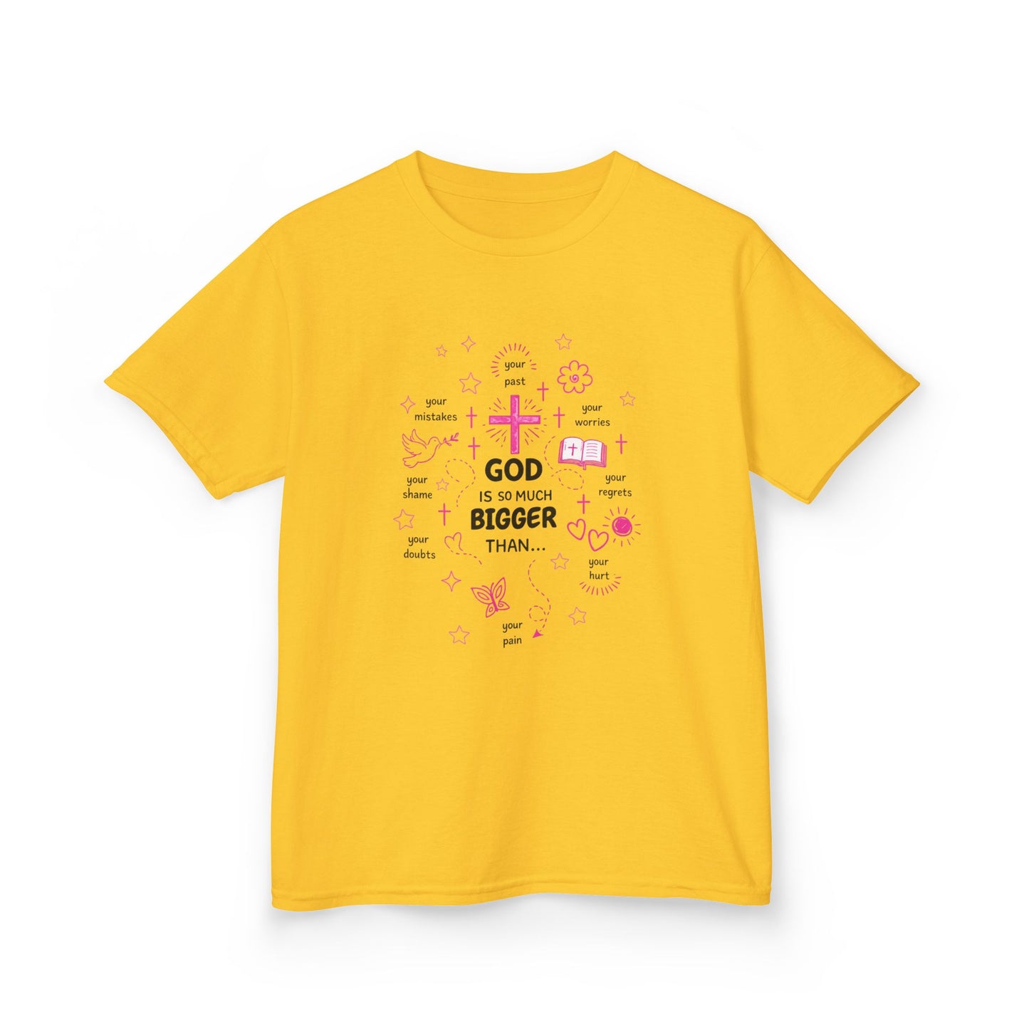 Kids T-Shirt — "God Is Bigger Than" Pink Faith Graphic Tee