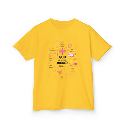 Kids T-Shirt — "God Is Bigger Than" Pink Faith Graphic Tee