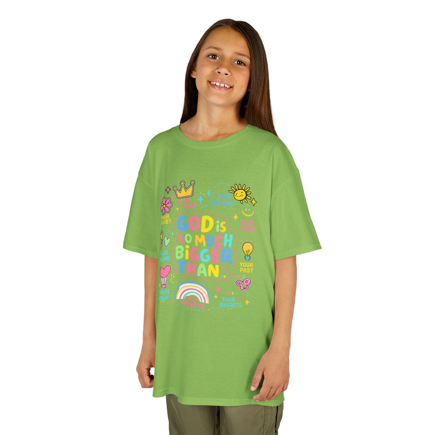 UNISEX Kids Tee — "God Is So Much Bigger Than" Colorful Faith Graphic