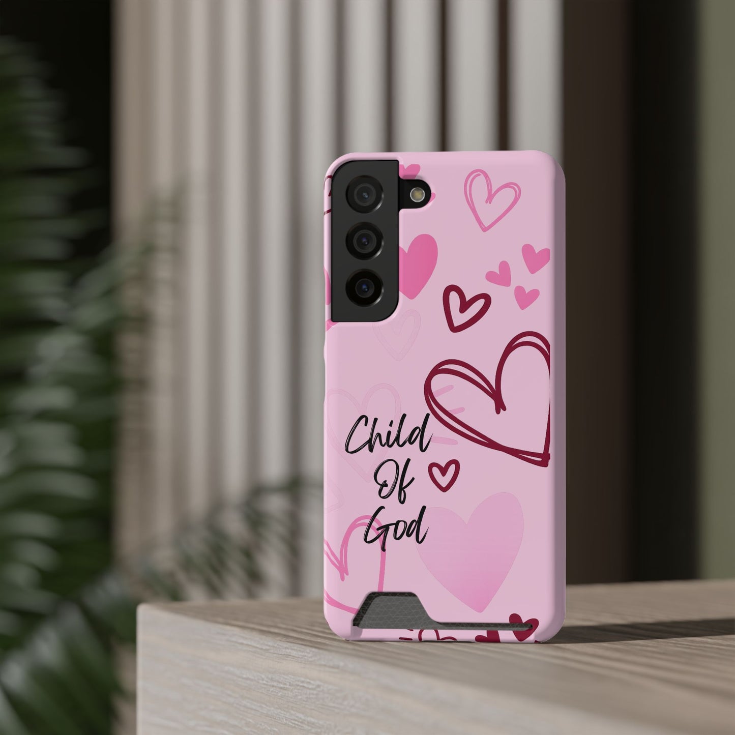 Pink "Child of God" Phone Card Case — Heart Pattern Religious Phone Case with Card Holder