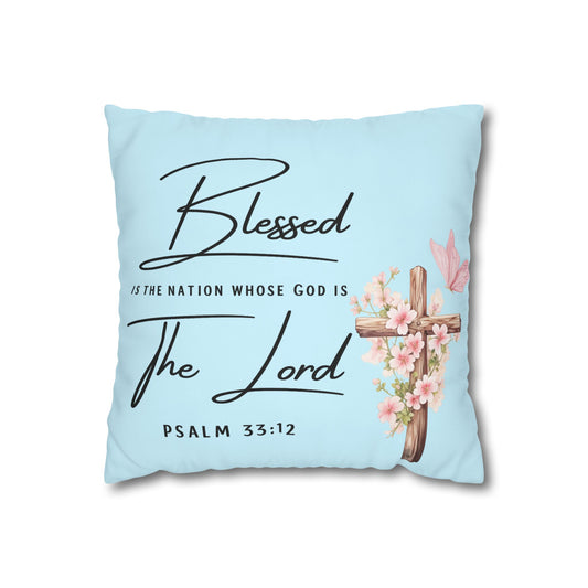 Blessed The Lord Square Pillow — Psalm 33:12 Floral Cross Throw Pillow