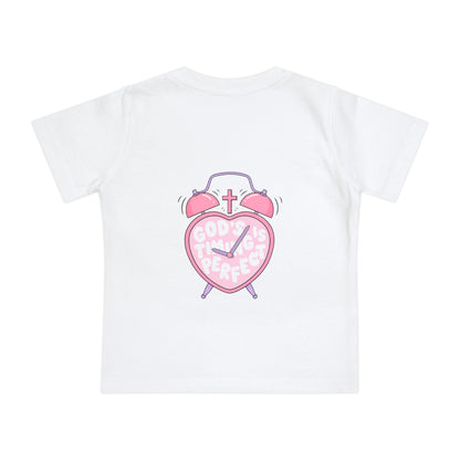 Baby T-Shirt — Pink Christian Faith Design: “Blessed is the Nation” & Heart Alarm “God’s Timing is Perfect”