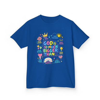 UNISEX Kids Tee — "God Is So Much Bigger Than" Colorful Faith Graphic