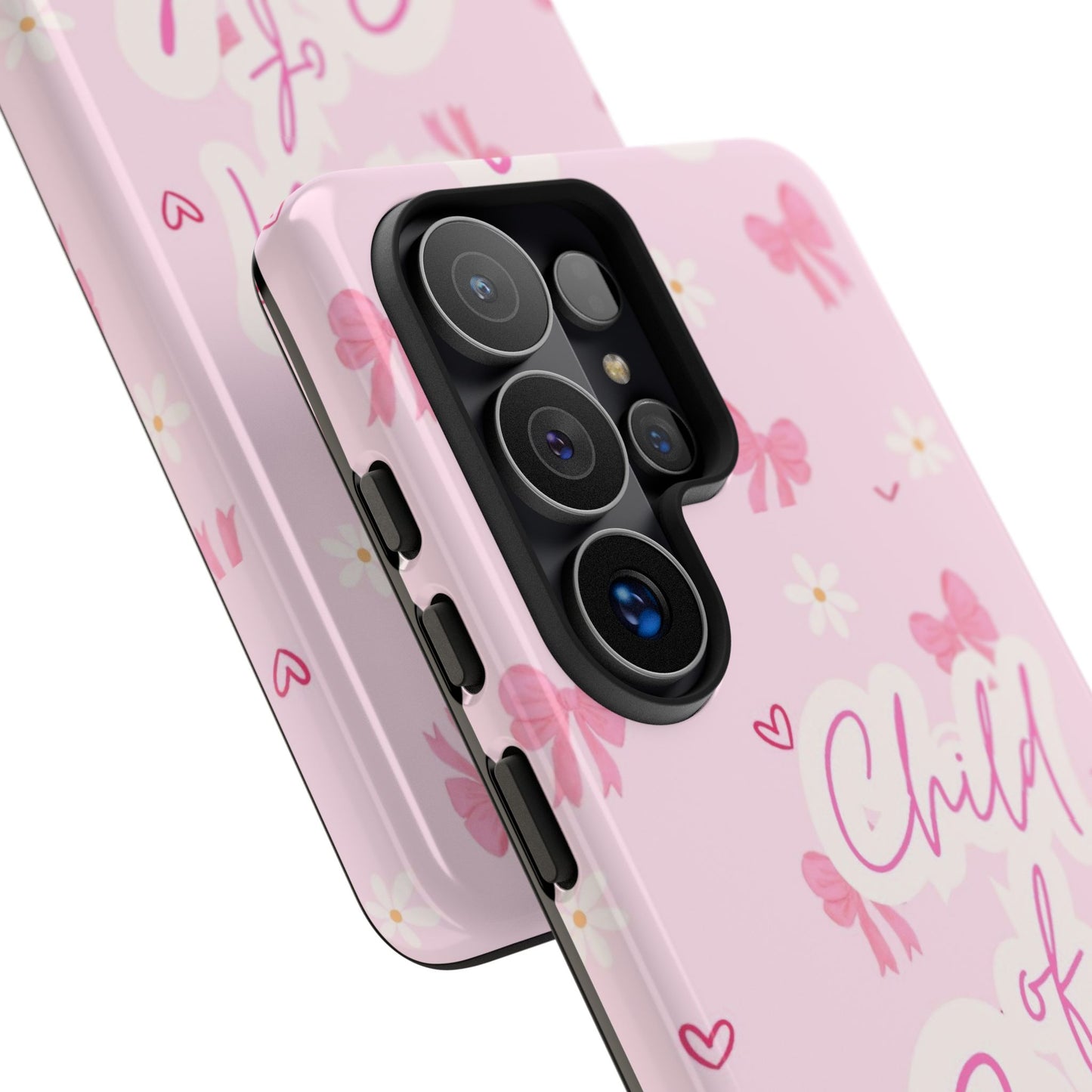 Child of God Pink Phone Case — Cute Christian iPhone Cover with Bows & Hearts