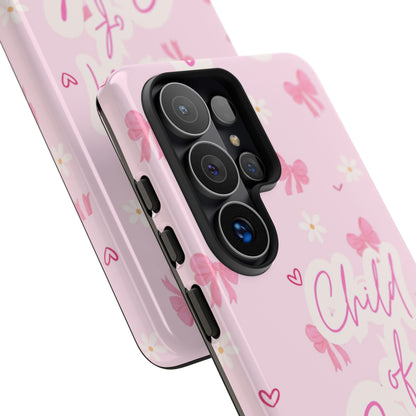 Child of God Pink Phone Case — Cute Christian iPhone Cover with Bows & Hearts
