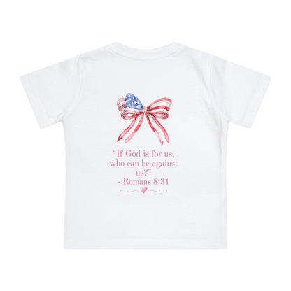 Baby T-Shirt — 'I Am a Child of God' Christian Infant Tee (Romans 8:31, Patriotic Bow Back)