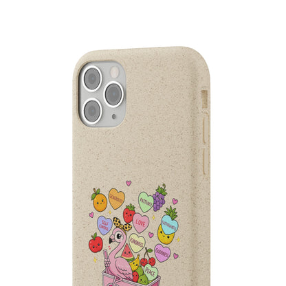 Biodegradable Phone Case — Cute Flamingo & Fruit Hearts "Fruity Love" Eco-Friendly iPhone Cover