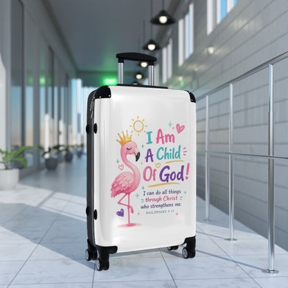 Child of God Kids Suitcase – Pink Flamingo Faith Travel Luggage (Philippians 4:13)
