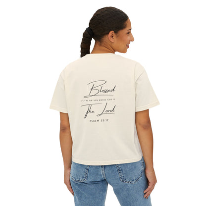 Blessed Tee — Women’s Boxy Christian T-Shirt with Flag Cross (Psalm 33:12)