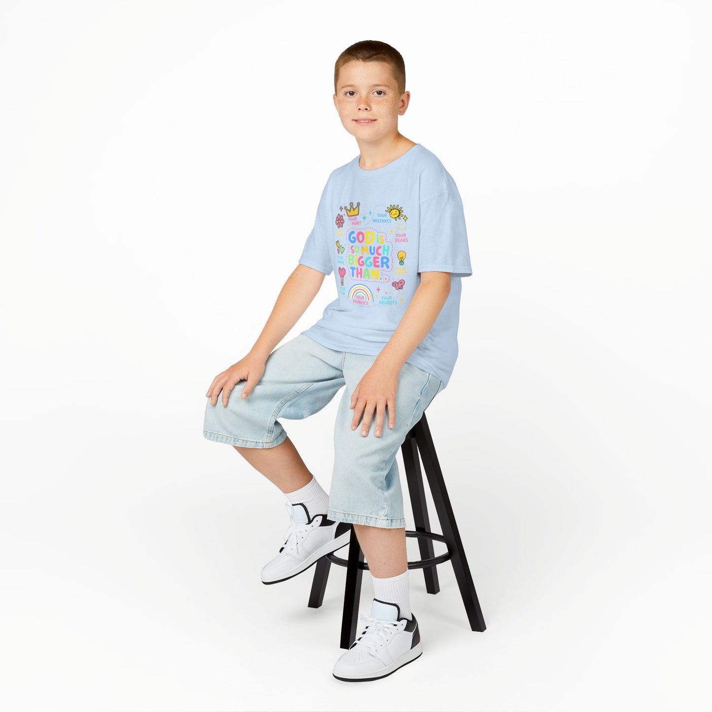 UNISEX Kids Tee — "God Is So Much Bigger Than" Colorful Faith Graphic