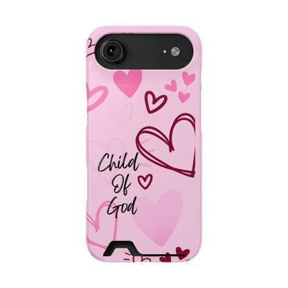 Pink "Child of God" Phone Card Case — Heart Pattern Religious Phone Case with Card Holder