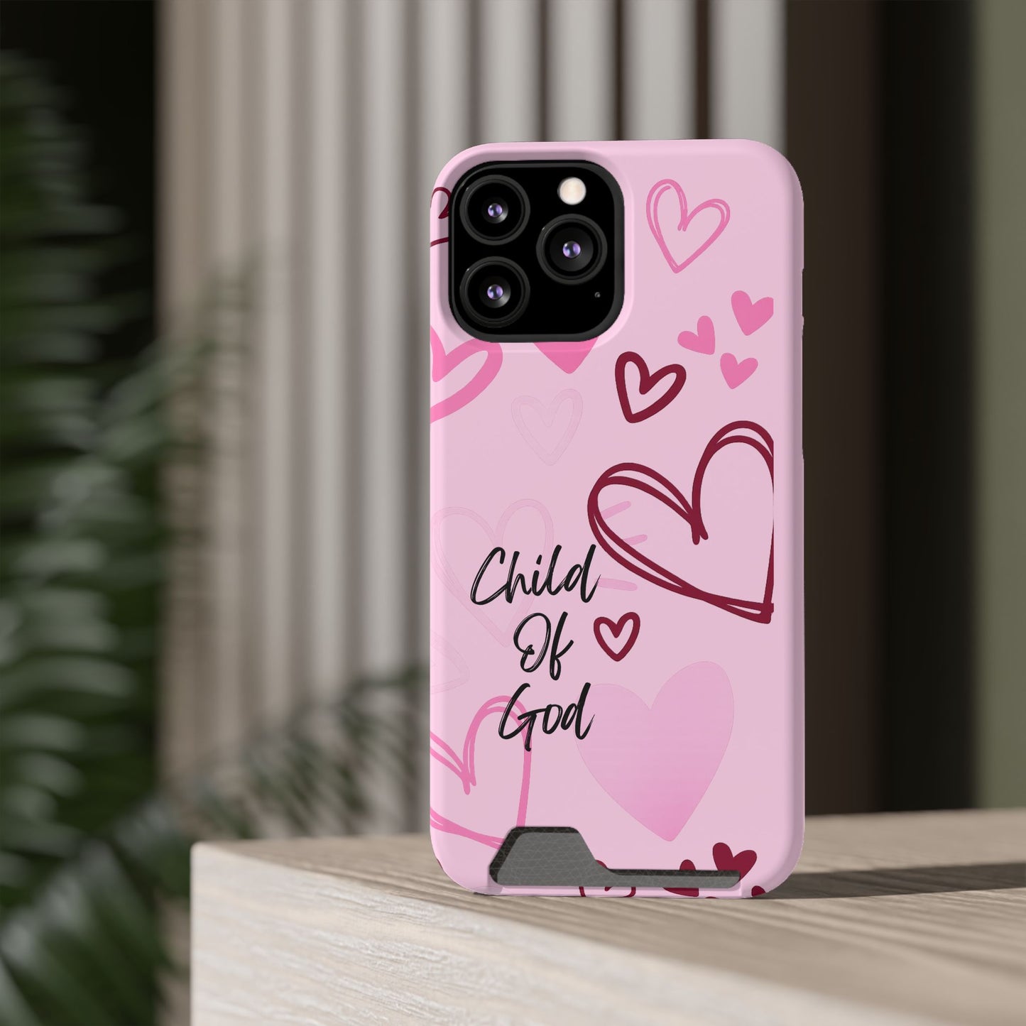 Pink "Child of God" Phone Card Case — Heart Pattern Religious Phone Case with Card Holder