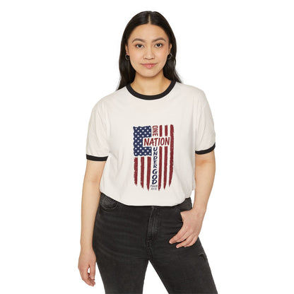 One Nation Under God Ringer T‑Shirt — Vintage American Flag Patriotic Tee