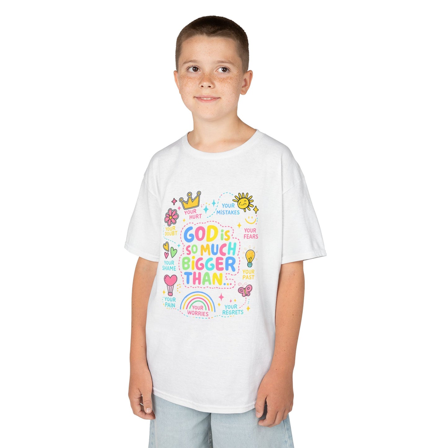 UNISEX Kids Tee — "God Is So Much Bigger Than" Colorful Faith Graphic