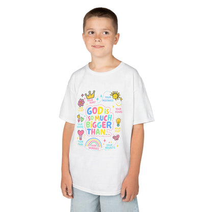 UNISEX Kids Tee — "God Is So Much Bigger Than" Colorful Faith Graphic