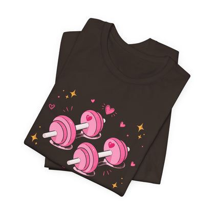 Christian Fitness T-Shirt — “The Joy of the Lord is My Strength” Pink Dumbbells Tee