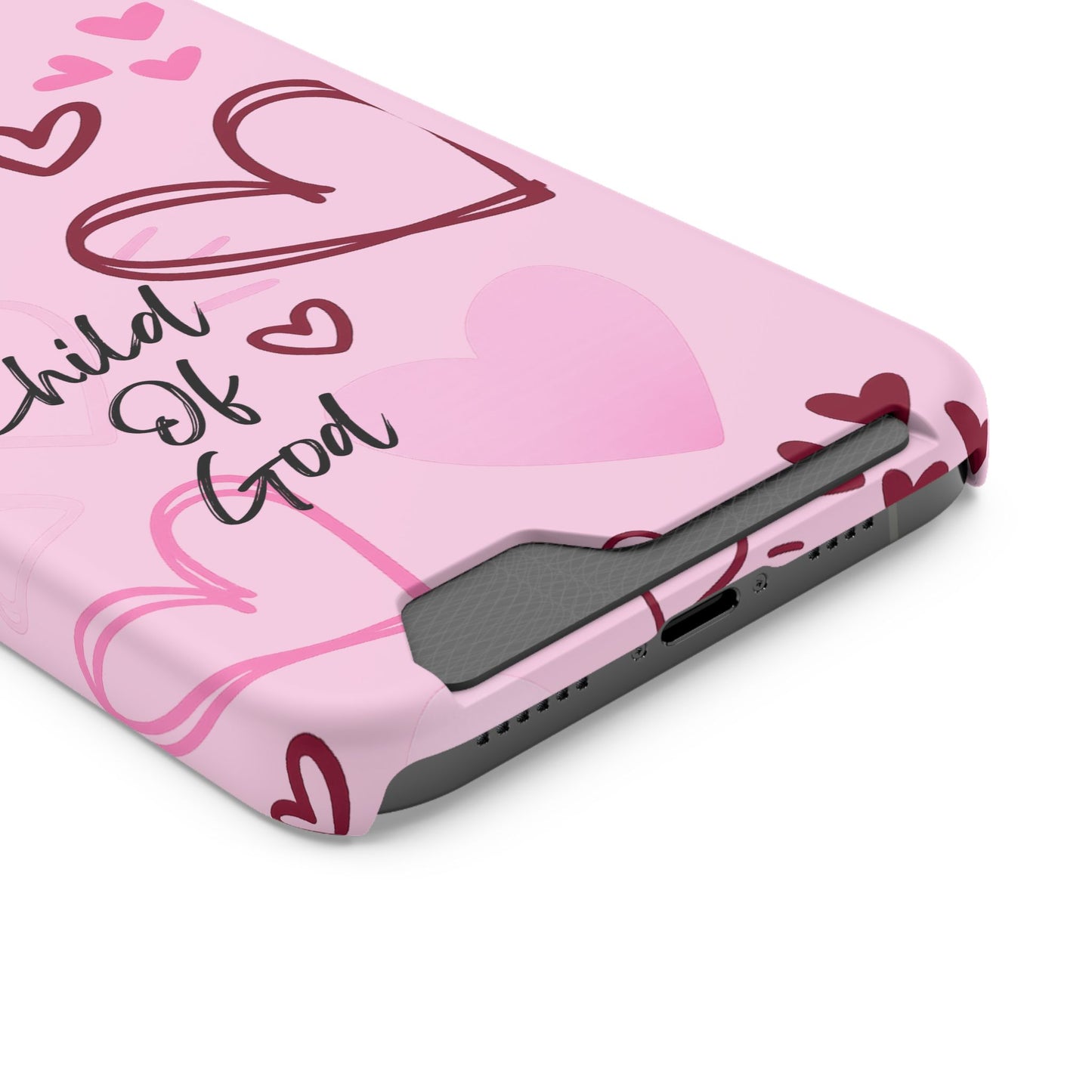 Pink "Child of God" Phone Card Case — Heart Pattern Religious Phone Case with Card Holder